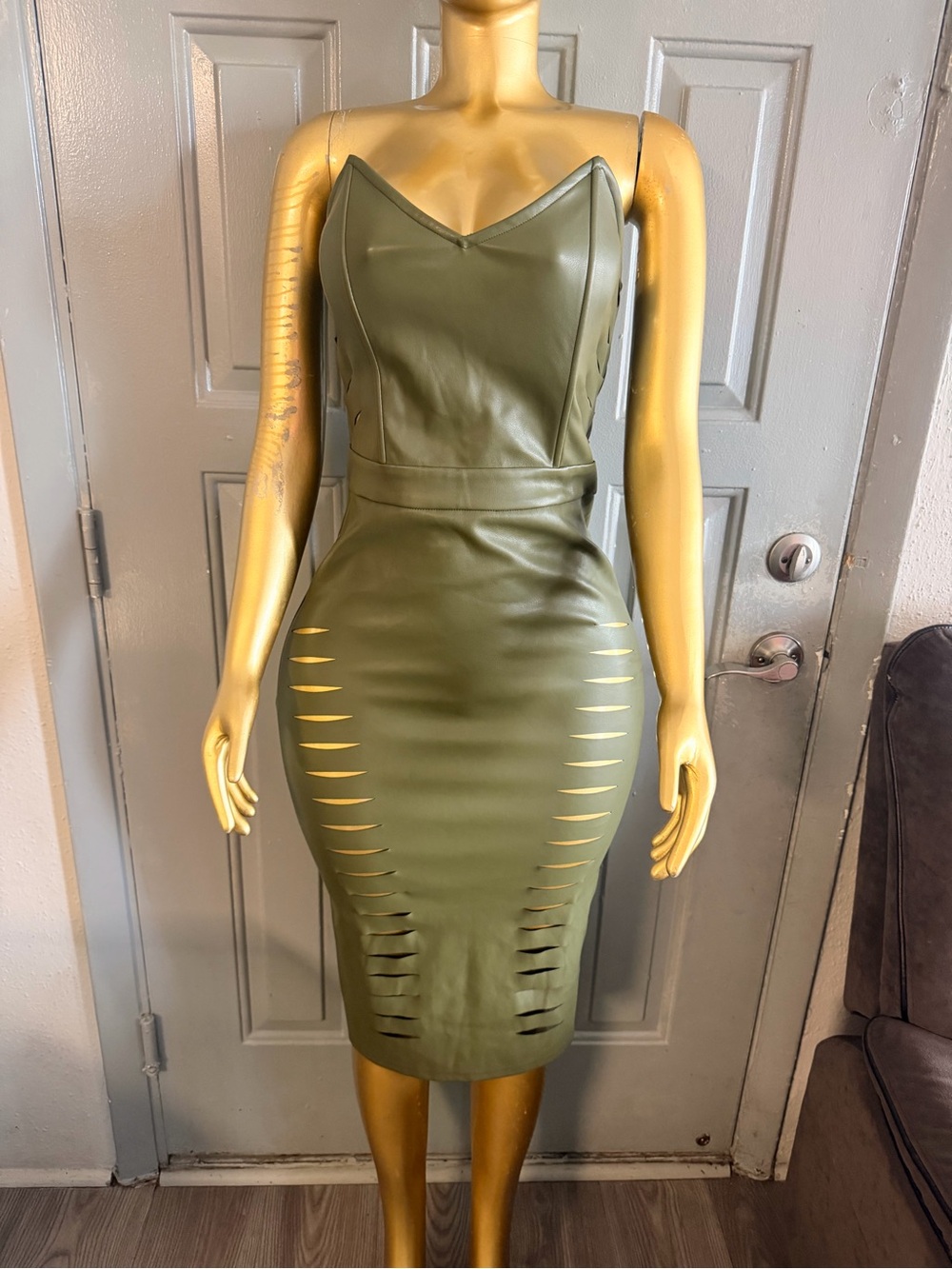 Fashion Nova Olive Strapless Faux-Leather Cutout Midi Dress - Picture 4 of 6